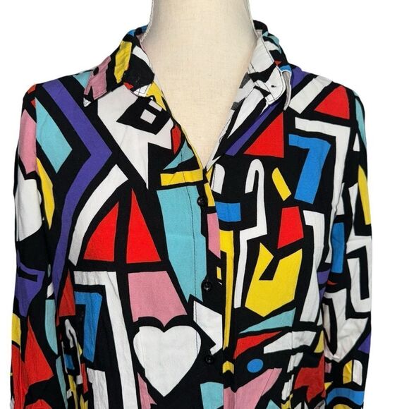 Purple Red Black White Yellow Blue Geometric 80’s style Button Down Blouse XL - Picture 3 of 10